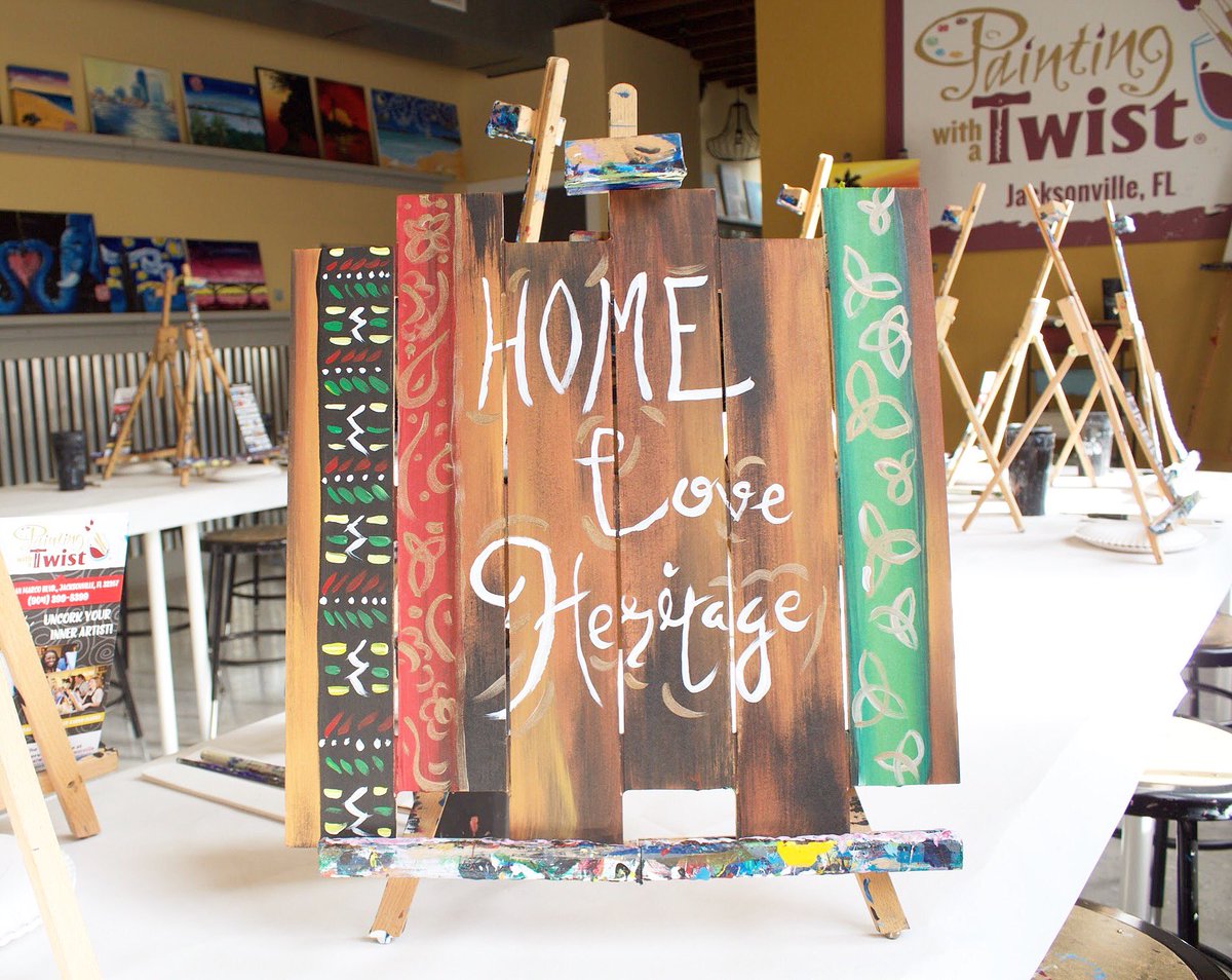 PWATJax's tweet photo. *BLACK HISTORY MONTH* Join is for ‘Home Love Heritage’ $5 OFF 2/21 7:00pm - 9:00pm at #PWATJAX! We will also have a special guest, Casey from @blendeddesigns, to talk about her local business before class! #904HappyHour #intoGo #MySanMarco #DtJax #WeLoveJax #PaintClass https://t.co/8vV8epb6Sx