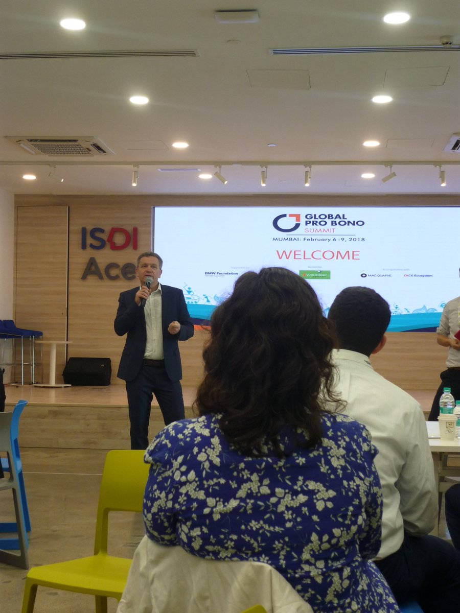ProBonoLab's tweet photo. Cross-sector day at #GPBS18: Markus from the @bmwfoundation and Elizabeth from @taprootfound explain how pro bono is the best tool to develop leadership and create a better society, while Armin and Shalabh from @iVolunteerIndia welcome us @ProBonoLab @globalprobono https://t.co/KNfh2UNTbp