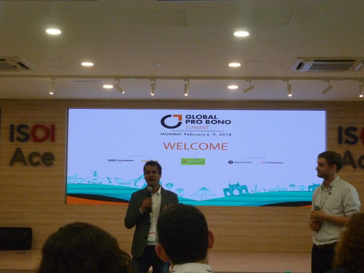 ProBonoLab's tweet photo. Cross-sector day at #GPBS18: Markus from the @bmwfoundation and Elizabeth from @taprootfound explain how pro bono is the best tool to develop leadership and create a better society, while Armin and Shalabh from @iVolunteerIndia welcome us @ProBonoLab @globalprobono https://t.co/KNfh2UNTbp
