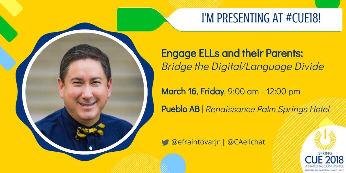 efraintovarjr's tweet photo. Iโm presenting at #cue18. Are you going? #CAellchat #cvcue #cvtechtalk #ellchat #edchatel #esl #eldedtech #elledtech #ells https://t.co/hDVORt26RL