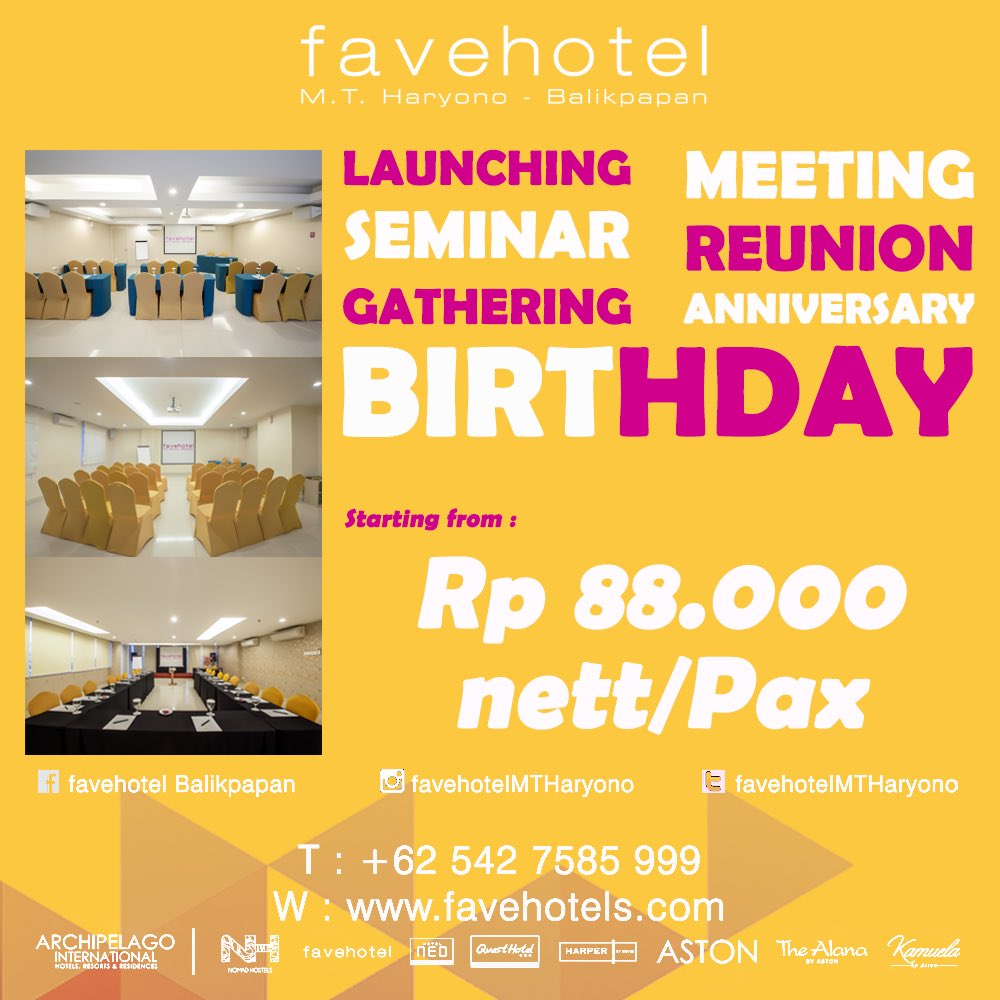 faveMTHaryono's tweet photo. Punya rencana Meeting, Ultah, atau Gathering? ke favehotel Balikpapan aja #favehotelbalikpapan #favehotel #archipelagointernational https://t.co/Wt4n75OyTA