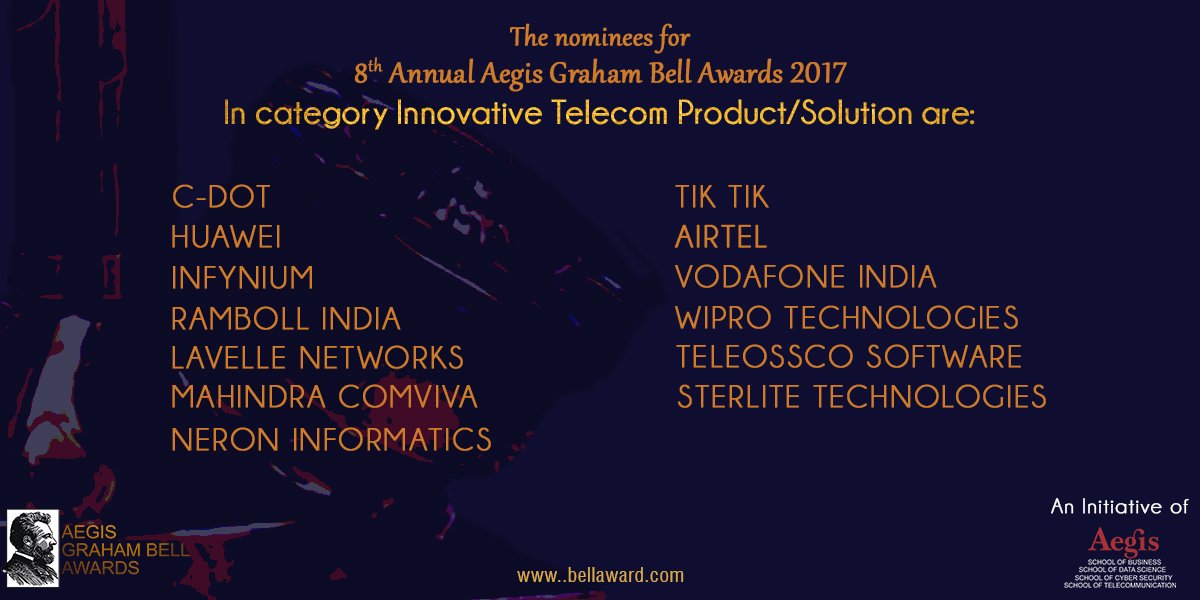 Nominations for 8th Annual Aegis Graham Bell Awards 2017.

#InnovativeTelecomProduct #InnovativeTelecomService
#InnovationInTelecom #InnovationInInternet #InnovationInMedia #InnovationInEdutainment #TelecomAwards #TelecomLeader