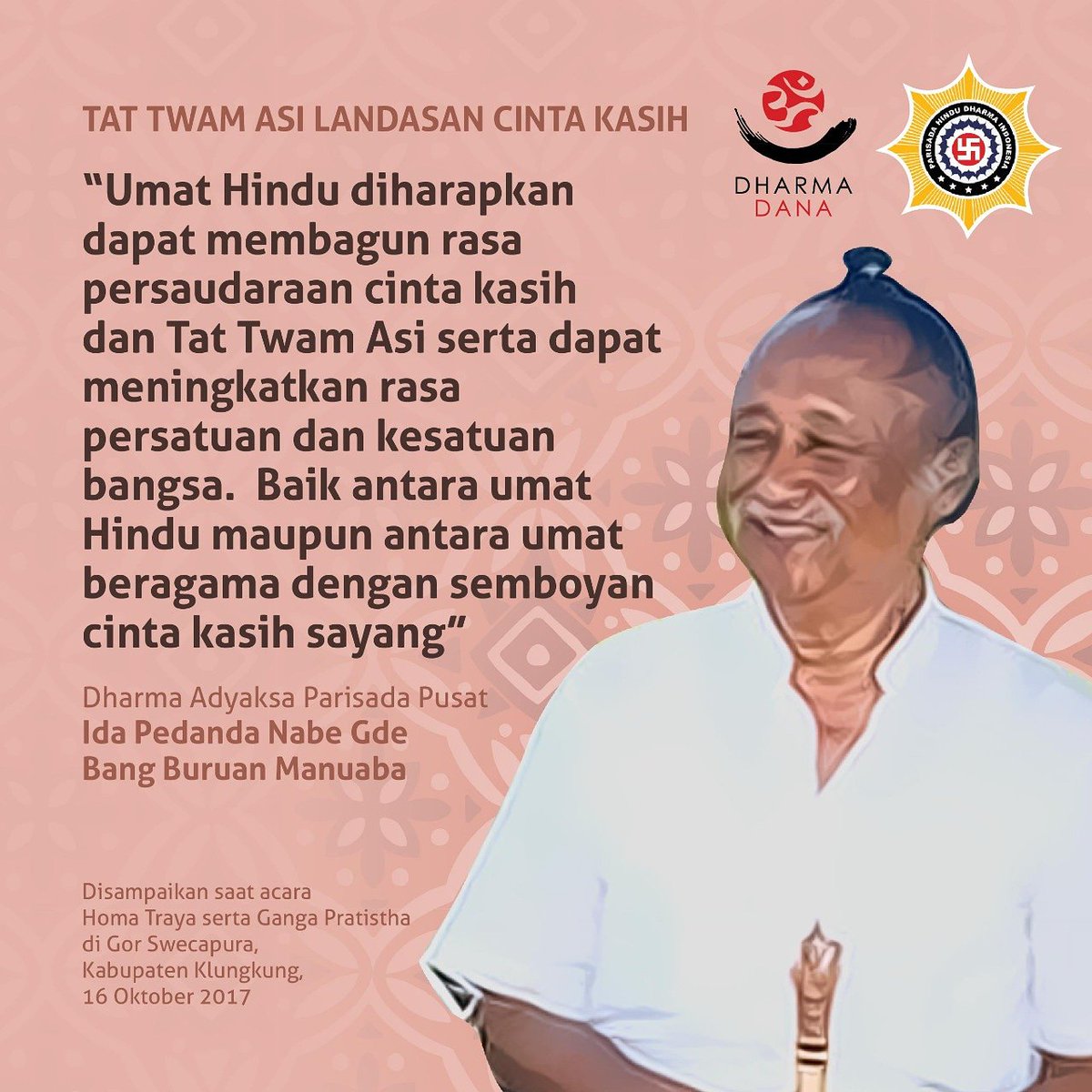 DharmaDana's tweet photo. Tat Twam Asi Sebagai Landasan cinta Kasih. Semoga seluruh umat manusia dapat memelihara semangat persatuan dan kesatuan bangsa. @Balitoday @lukmansaifuddin @phdi_pusat
#bddn #dharmadana #hindu #hindubali #sloka #weda #hindunusantara #info #infobali #tattwamasi #parisada https://t.co/UYoE1EucHu