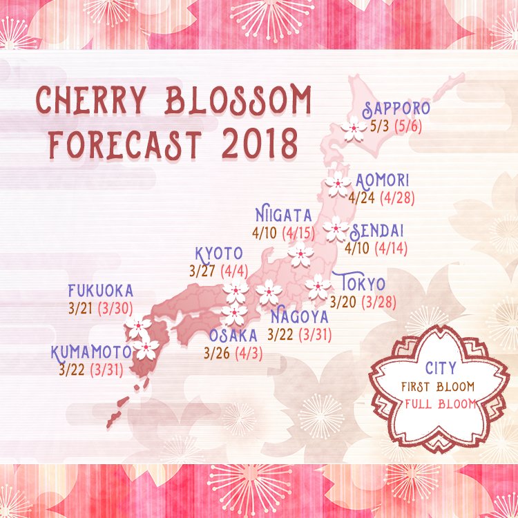 LIVEJAPANGuide's tweet photo. It’s that time of year again! So when will cherry blossoms bloom in #Japan this year? Make sure to mark your calendar if you plan on coming over soon!  #sakura #sakuraforecast #cherryblossoms #flowers #visitJapan #Tokyo https://t.co/hMiOZfGS6L