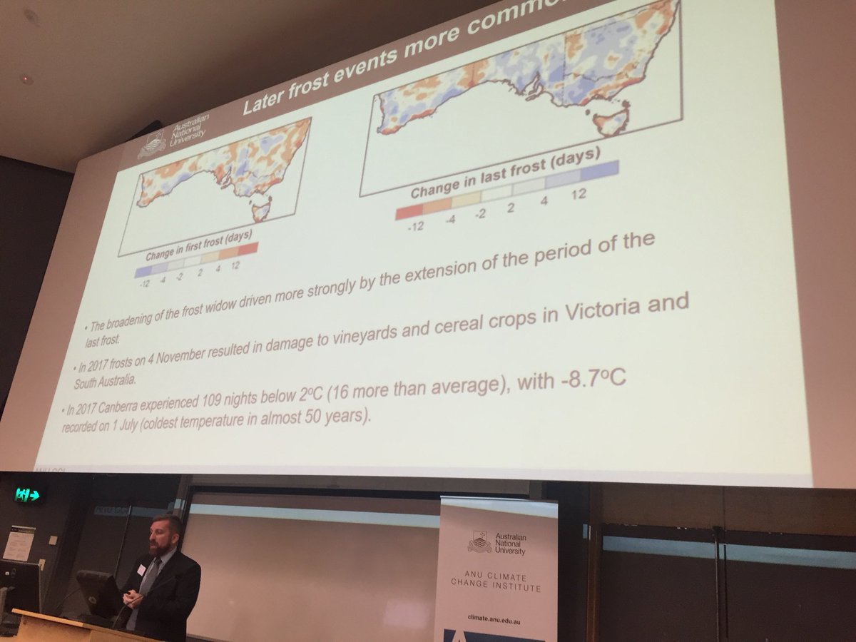 ANU_ICEDS's tweet photo. Broadening of frost window with climate change is a real problem, causing crop production losses of up to 40% @StevenCrimp @ANUFennerSchool @scienceANU #ANUClimateUpdate18 https://t.co/E6bZLdSIWP