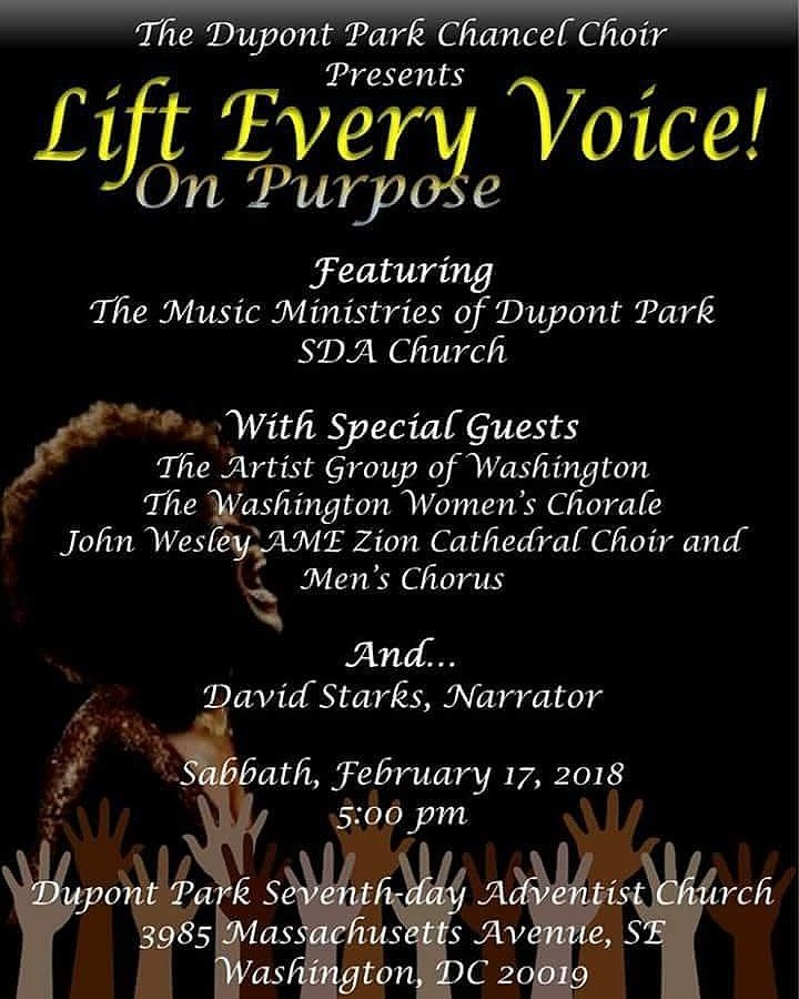 MMHPromotions's tweet photo. Black history program "Lift Every Voice! On Purpose" February 17th @ 5:00pm at Dupont Park Seventh-day Adventist Church. Come and enjoy! https://t.co/sku6ft8w9k