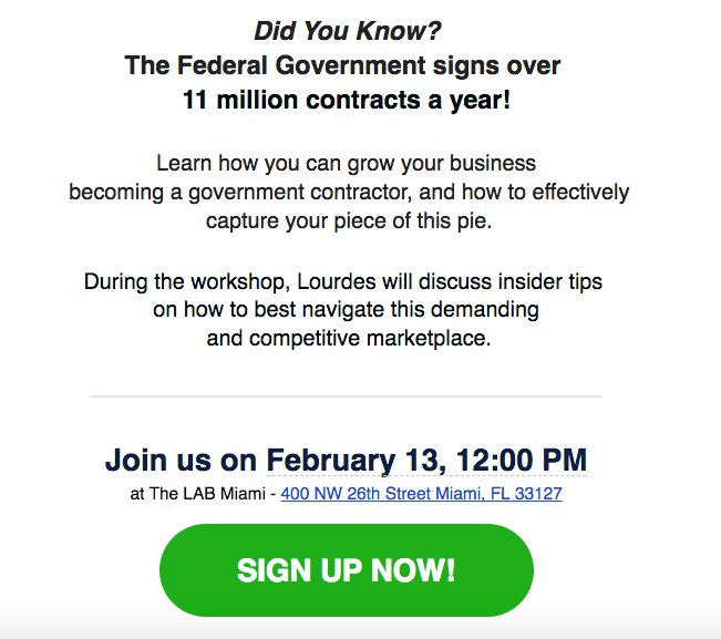 TheLEAD_Program's tweet image. Join #TheLEADProgram at #TheLABMiami as we host a Government Contract Readiness #LunchAndLearn. February 13th from 12p-1pm! 

The LAB Miami: 400 NW 26 St.| Miami, FL 33127
Register for this event at: buff.ly/2FWNsTh