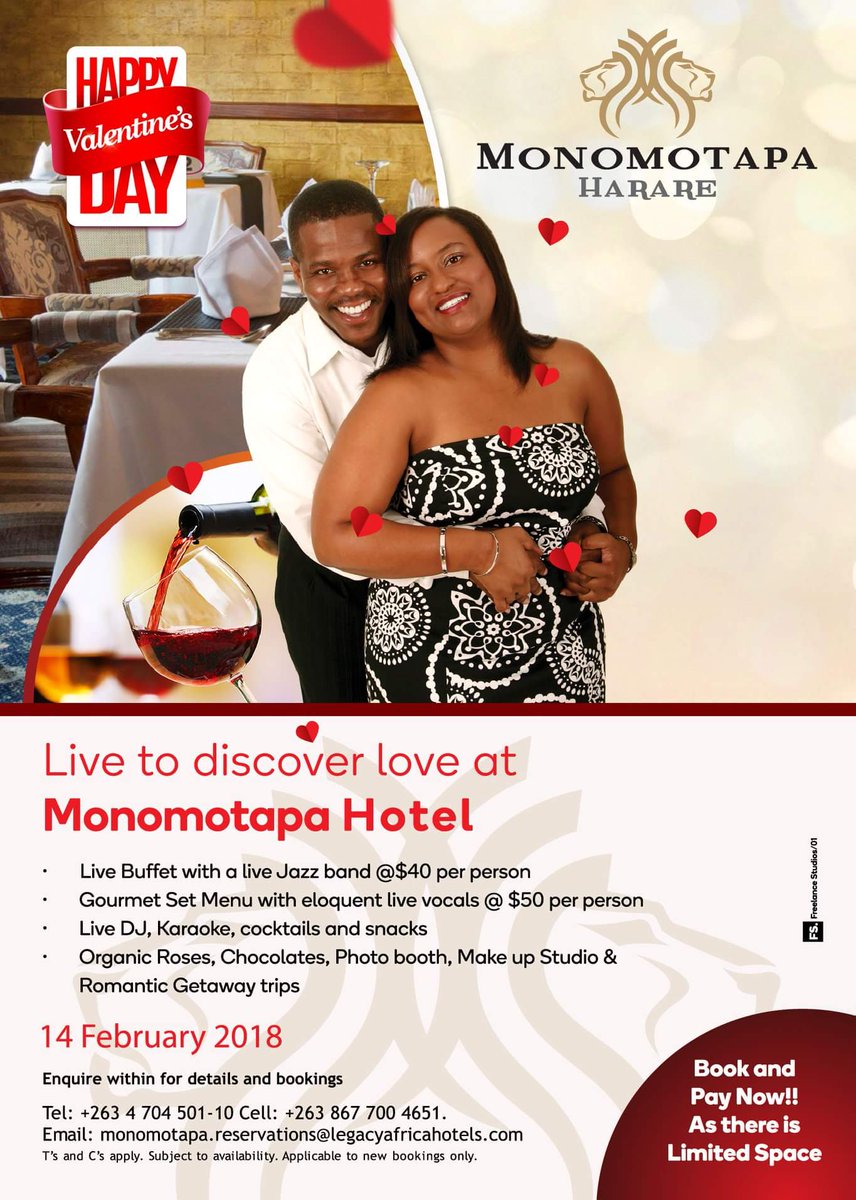 StarfmZimbabwe's tweet photo. Come celebrate &amp; discover love at Monomotapa Hotel this Valentine's Day on 14 Feb 2018. 💘 There will be a guest Chef from Mauritius &amp; another from France serving you the FINEST cuisine😍 A relationship guru, live jazz band, photobooth are some of the things to expect. BOOK NOW! https://t.co/hw1w1Axvst