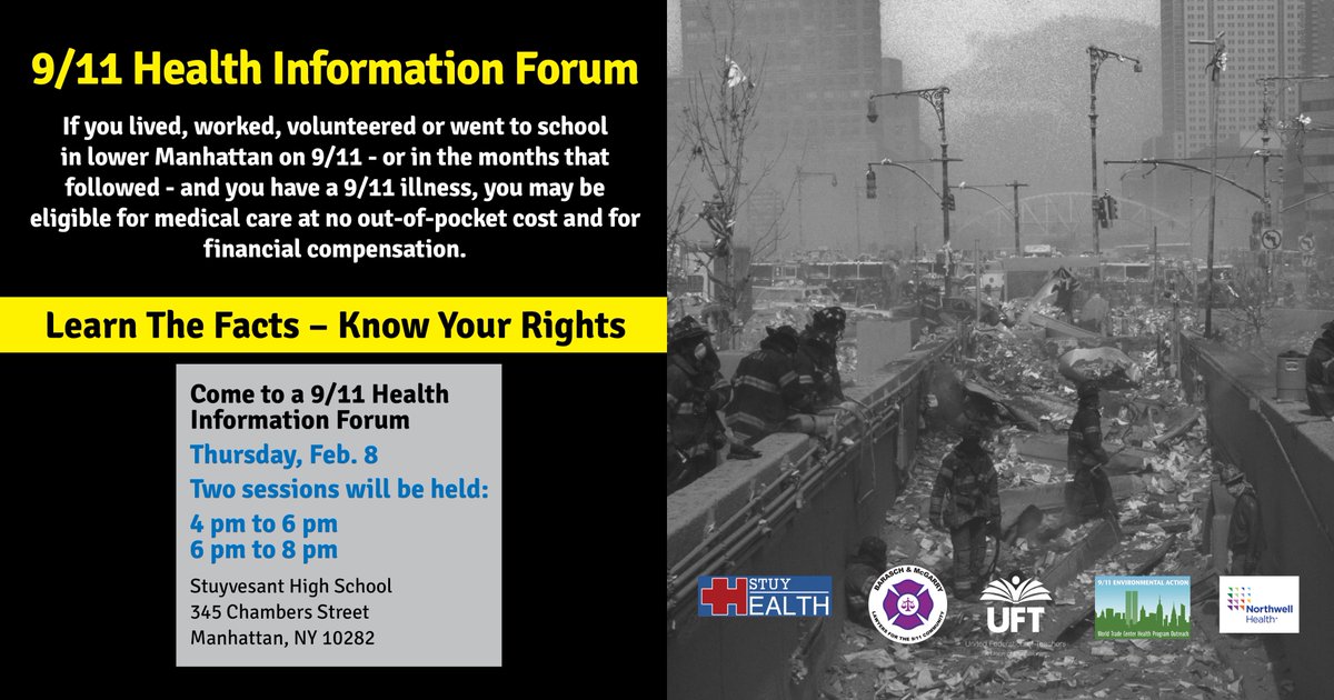 911ea's tweet photo. Were you a student, teacher or staff Downtown on or after 9/11? Join us at Stuyvesant HS TODAY 4-6pm or 6-8pm. We'll answer questions re applying for WTC Health Program & Victim Compensation #Stuyvesant #LeadershipAndPublicServiceHS #EconomicsandFinance #PS234 #IS89 @galeabrewer https://t.co/tfu3zIYwJf