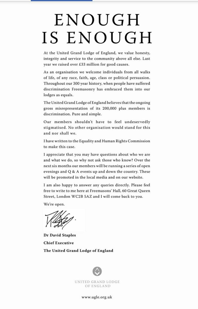 The United Grand Lodge of England (UGLE) has taken full page ads in The Times, Daily Telegraph and Guardian calling for an end to discrimination of its 200,000 plus members.  
Headlined ‘Enough is Enough’.
#enoughisenough <a href="/UGLE_GrandLodge/">United Grand Lodge of England</a>
