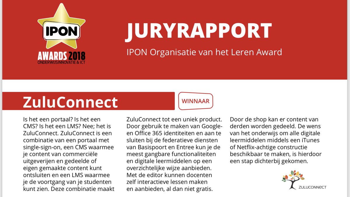 ZuluconnectN's tweet photo. Wat een mooi juryrapport! Interesse? We staan vandaag nog de hele dag op stand D44 op de #IPON2018 samen met onze partners @veltwerk , @OinOAdvies en @derolfgroep https://t.co/0s8pm4Q5q4