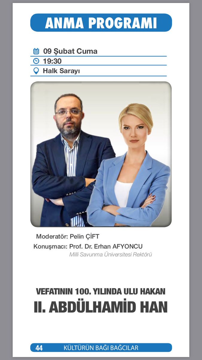 Yarın, Bağcılar Belediyesi Gençlik Meclisi olarak gençlerin ilgiyle takip ettiği @CiftPelin Hanım'ın moderatörlüğünde ve Sn @eAfyoncu Hocamızın anlatımı ile Vefatının 100. Yılında Ulu Hakan Abdülhamid Han'ı Anma Programı'ndayız. Tüm genç kardeşlerimizi bekliyoruz. <a href="/LokmanCagirici/">Lokman ÇAĞIRICI</a>
