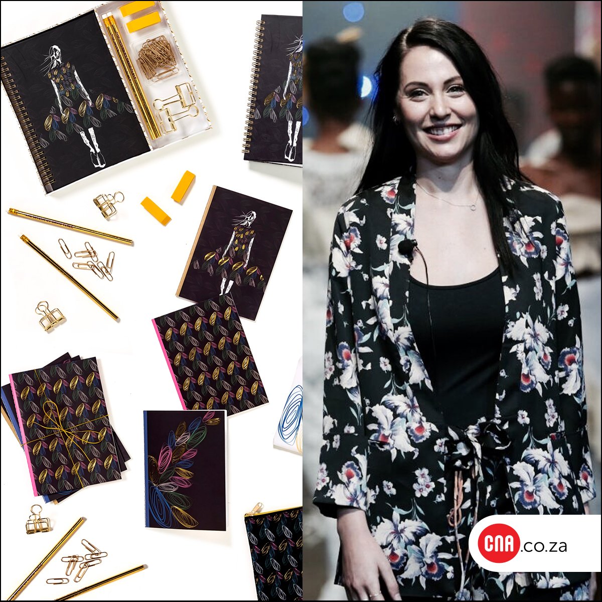CNA_Africa's tweet photo. We’re loving Gonsolves- WINNER OF THE CNA Challenge from “The Intern” by David Tlale – and her take on our new &amp; exclusive range of fashion stationery. #youngtalent #africandesign #rootedinstyle #TheInternSA https://t.co/Z4jUIKXxPS