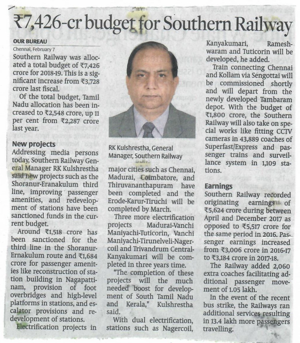 Southern Railway Budget 2018-19