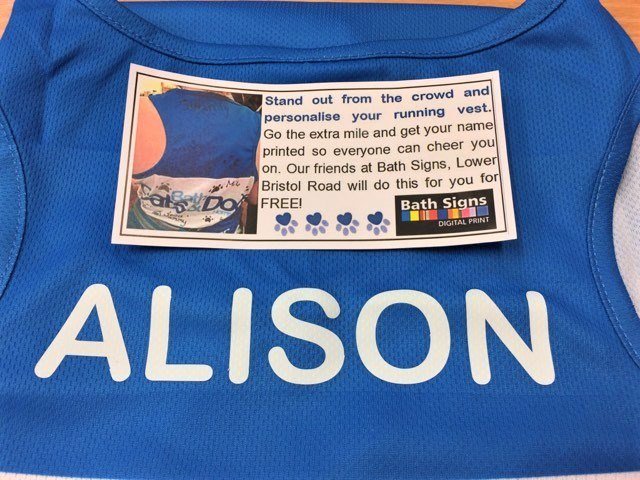 BathSigns's tweet photo. Don't forget if you're running the Bath Half Marathon this year for the @BathCDH , we will print your name on your running vest for free! #BathHalf2018 https://t.co/X51NQb1fOq