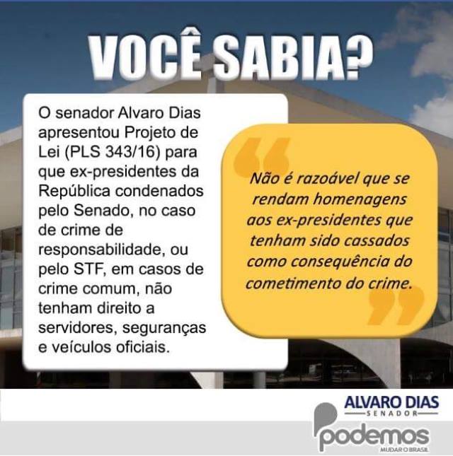 Os brasileiros pagam caro para que ex-presidentes vivam cercados de regalias e benesses, inclusive os que sofreram impeachment e foram condenados pela Justiça. Projeto de Alvaro Dias acaba com esse privilégio incompatível com os dias atuais.  goo.gl/jkweJf