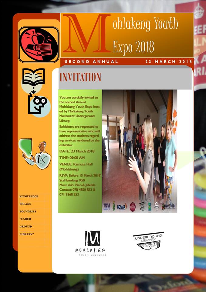 Underground_Lib's tweet photo. Mohlakeng Youth Expo Coming Soon At West Rand City
#Mohlakeng_Youth_Movement
#Underground_Library
#2018_Youth_Expo https://t.co/upHrkpuBL5