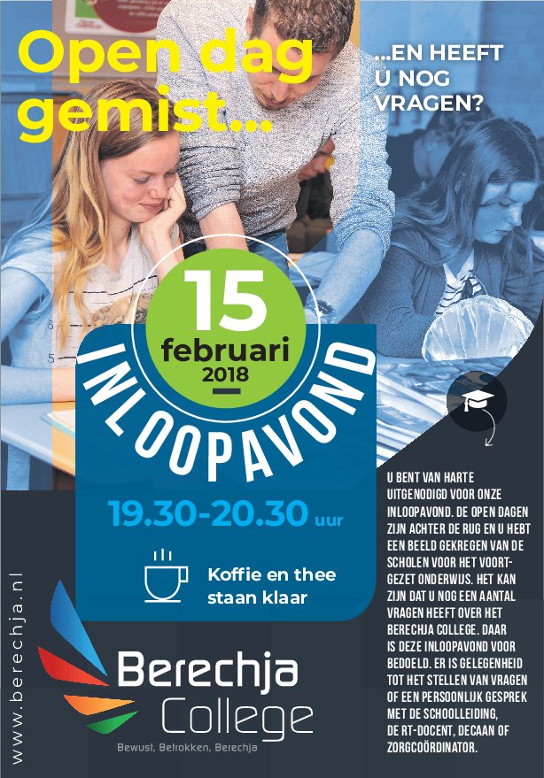 Open Dag gemist en heeft u nog vragen? Kom dan naar de inloopavond op donderdag 15 februari 19.30-20.30 uur.