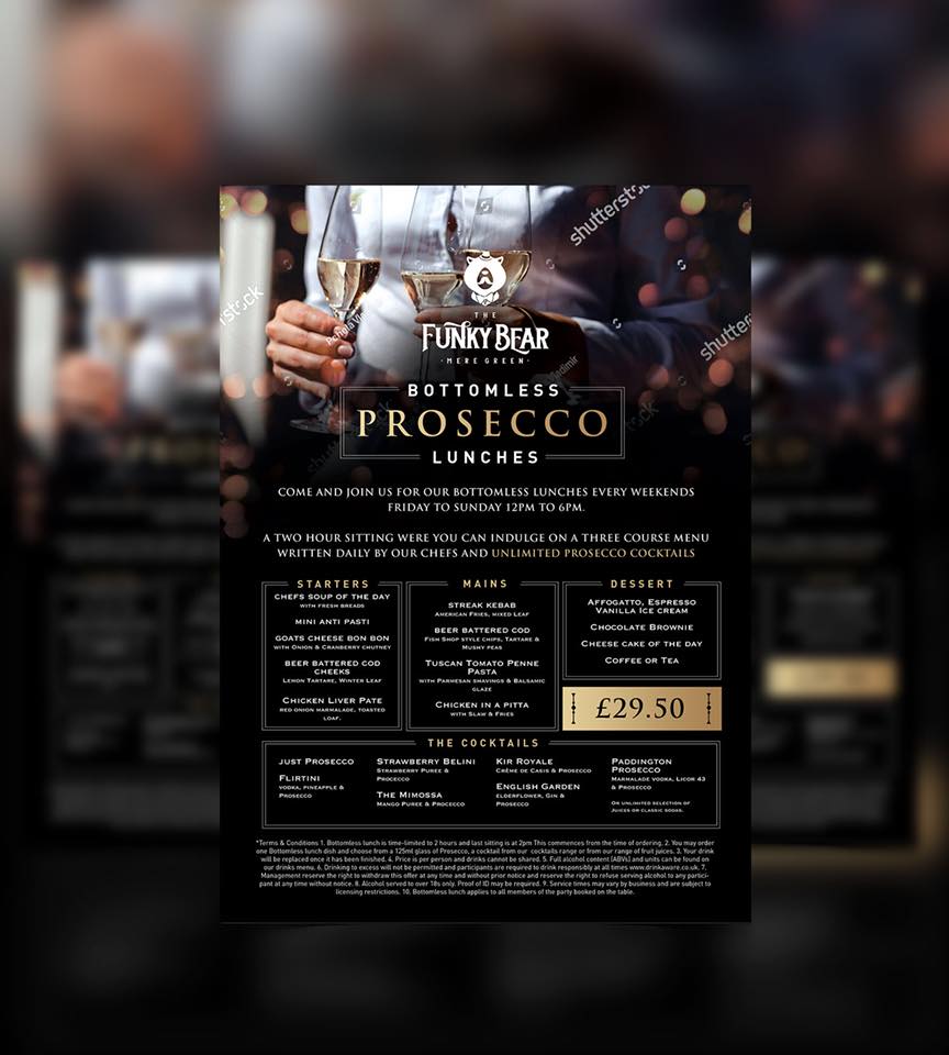 TheFunkyBear's tweet photo. Friday to Sunday 12:00 - 18:00 Bottomless Prosecco Lunches. Now a full time feature at the The Funky Bear Mere Green
Book Now https://t.co/nWts5FQ9fV https://t.co/pyOCJukye5