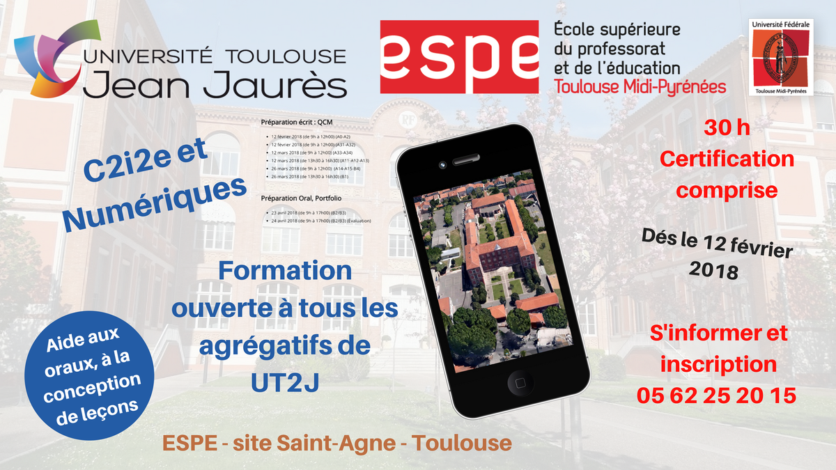 valade_utm's tweet photo. #C2i2e et #numérique #agrégatifs #université #toulouse #jeanjaurés La formation et certification est ouverte à tous les agrégatifs de l'université sur simple #inscription. Début : 12 février 2018 : Inscription 06 62 25 20 15 ou c2i2e(-at-)https://t.co/CGqVizKWyE https://t.co/rDyJWSXi9m