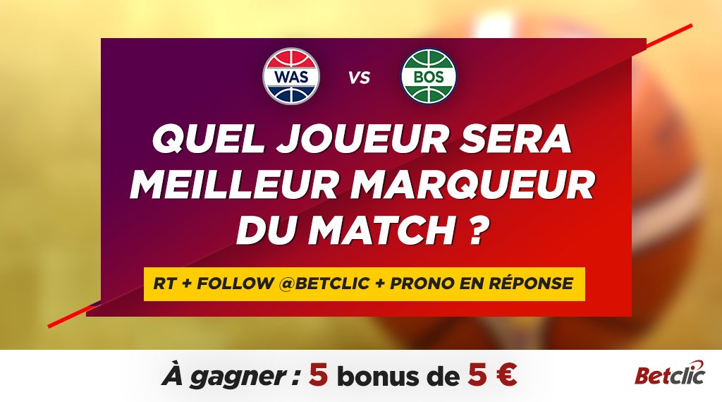 Betclic's tweet image. 🏀 Qui sera le meilleur marqueur du match Wizards vs Celtics  ?

🎁 5 x 5€ de bonus à gagner parmi les bonnes réponses !

➡️ RT + Follow @Betclic + Nom du joueur en réponse

📺 Suivez le match cette nuit en direct sur la Live TV : bit.ly/2EbC6L1