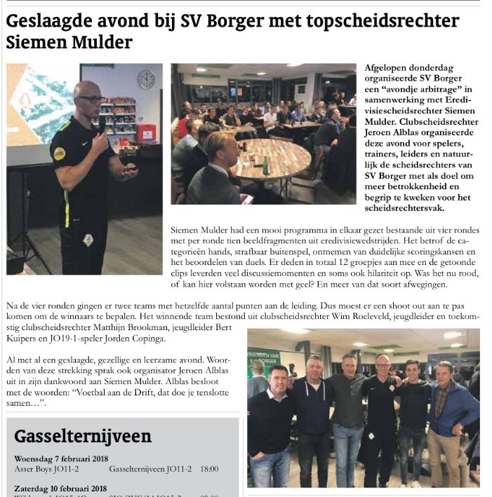 SVBorger0599's tweet photo. SV Borger in de media. Deze week in @WeekinWeekuit: Avondje arbitrage en interview met @albertstevens96 #BorgerLeeft #4E https://t.co/JO6m6Xfk5h