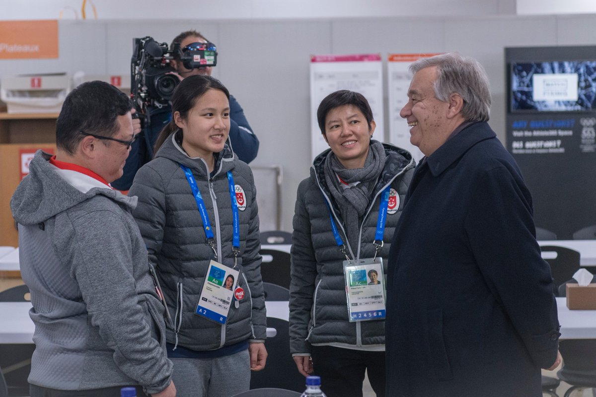 antonioguterres's tweet photo. Touring Olympic village at #PyongChang2018, I was moved to see people from different cultures, different religions and different ways to see the world, all ready to compete in the Olympic spirit. We could use more of that spirit of solidarity &amp; mutual respect all over the world. https://t.co/fEhDZjfmJf