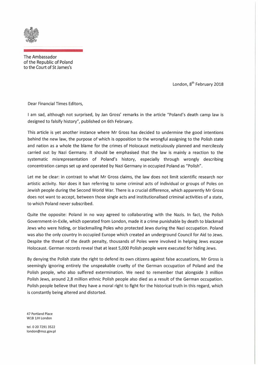 PolishEmbassyUK's tweet photo. Ambassador @ArkadyRzegocki's letter in response to Jan Gross' article "Poland’s death camp law is designed to falsify history" published in @FinancialTimes @FT on 6th February. https://t.co/VgfQATVRlX