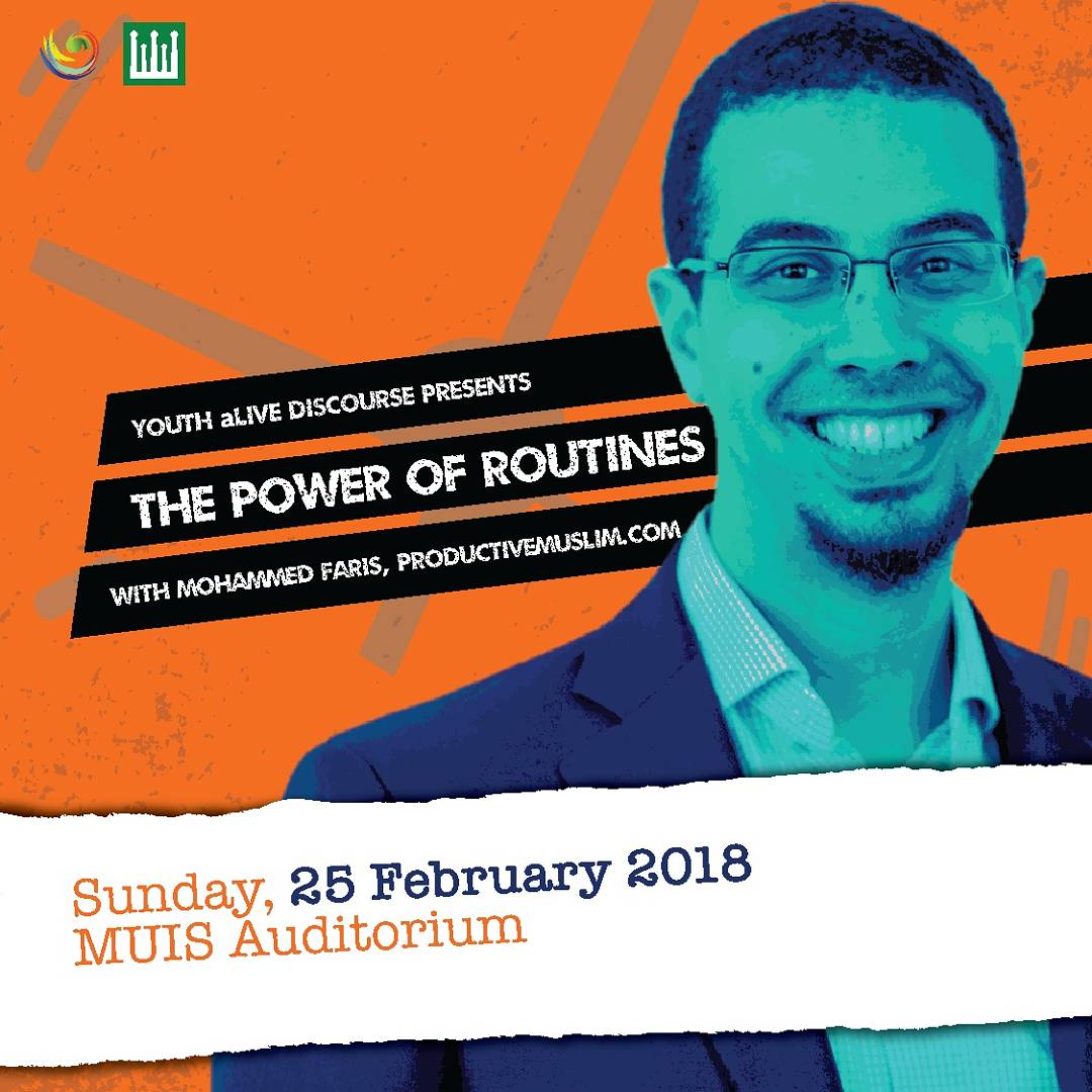 GOOD THINGS MUST SHARE

Back by popular demand, bro Mohammed Faris aka Abu Productive will appear for the third time in Singapore to share his new tips on productivity - THE POWER OF ROUTINES.  #productivemuslim #yadiscourse