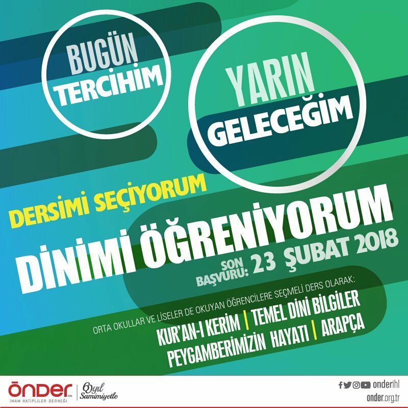 #BugünTercihim #YarınGeleceğim 
#DersimiSeçiyorum
#DinimiÖğreniyorum 
Seçmeli dersleriyle geleceklerine yön vermek isteyen öğrencilerimiz için son başvuru tarihi 23 Şubat 2018 #KurtuluşKuranda
<a href="/KurtulusKuranda/">#KurtuluşKuranda</a>