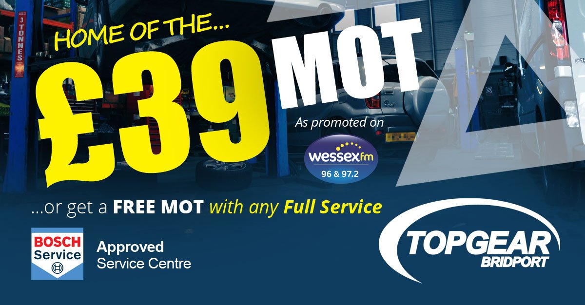 TopgearLtd's tweet photo. Our new #radio promotion launches today on @WessexFM :) The home of the £39 #MOT or get it FREE when you book a Full Service for your vehicle. Call 01308 427588, email bridport@topgear.co.uk https://t.co/pN2pRlm3P1