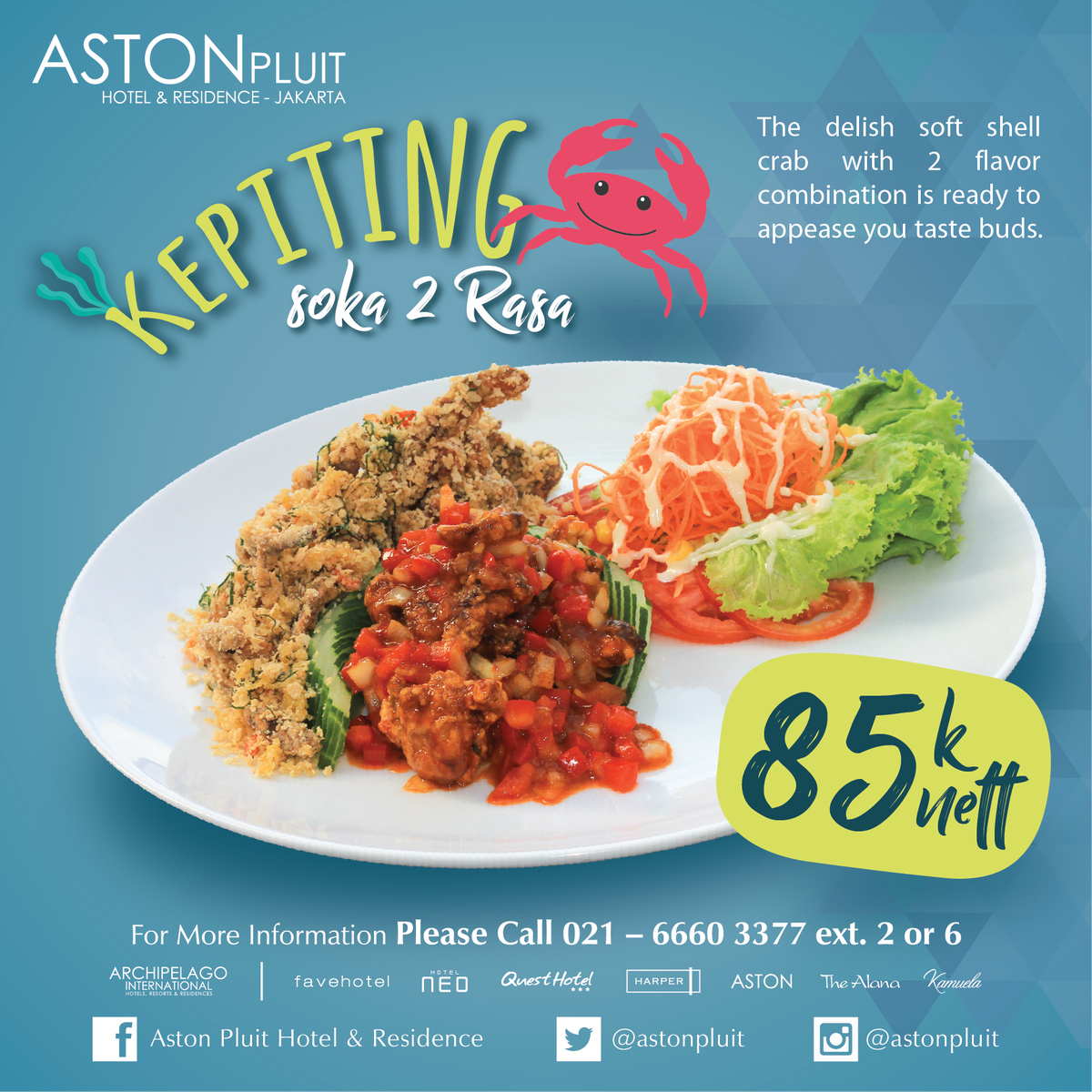 astonpluit's tweet photo. Hello taste buddies! Let's try our dish of the month "Kepiting Soka 2 Rasa". Please contact us at 021-666703377, ext 6 
#astonpluit #archipelagointernational #Foodies https://t.co/Ajc29JWR0x