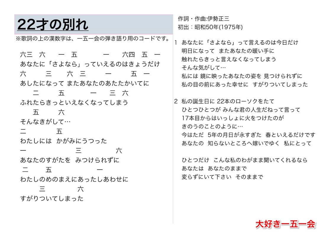 大好き一五一会 Ar Twitter 22才の別れ 歌詞と一五一会の楽譜 そしてyoutubeのリンクです T Co Qpjpnegnd9 151e 一五一会 大好き一五一会 Ar Twitter 22才の別れ 歌詞と一五一会の楽譜 そしてyoutubeのリンクです T Co Qpjpnegnd9 151e 一五一会