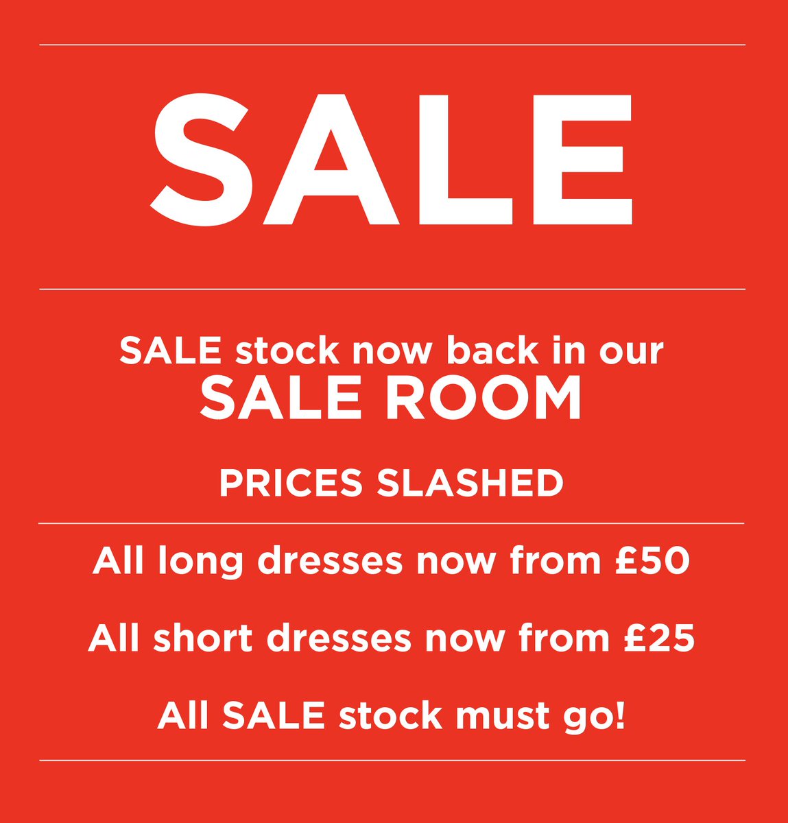 SALE stock now back in our SALE ROOM.

PRICES SLASHED!

All long dresses now from £50
All short dresses now from £25
All SALE stock must go!

#donnaeveningwear #dress #eveningwear #Fashionable #Style #Trend #Shape #Fit #Sophistication #Designer #photooftheday #styleoftheday