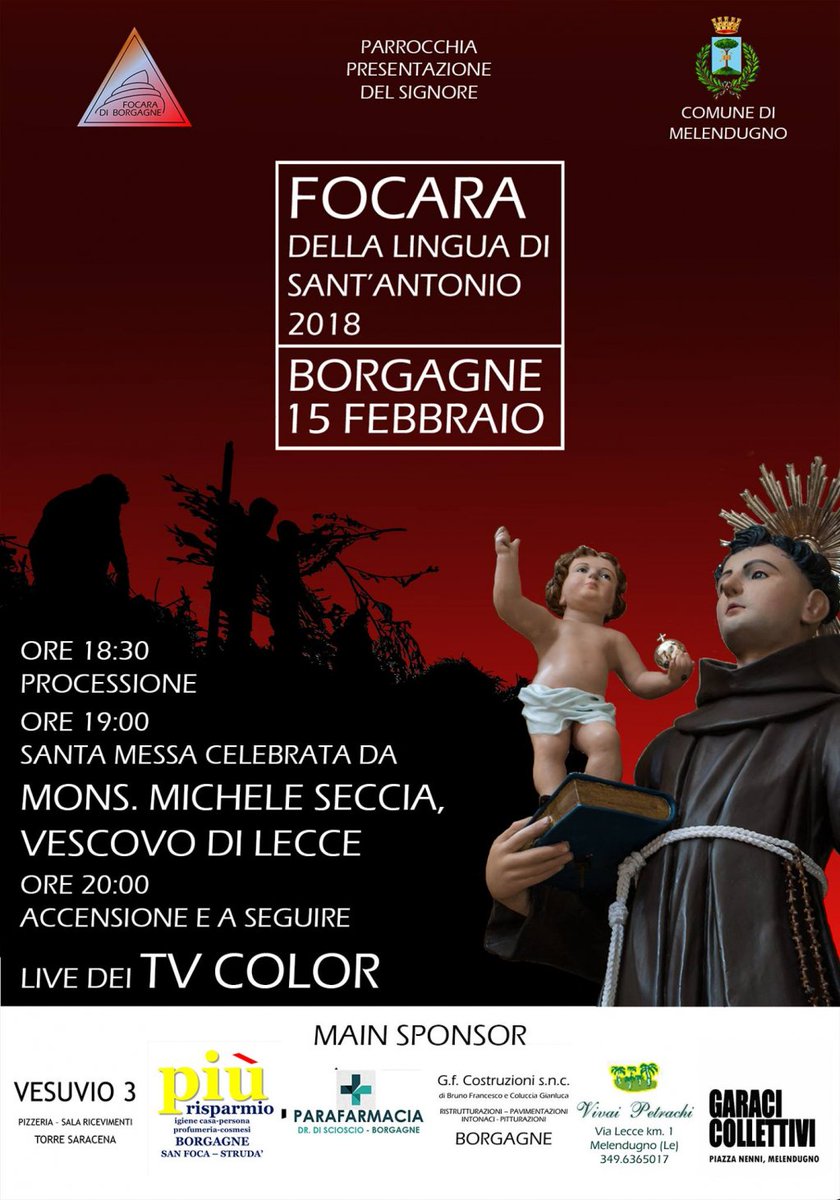 BorghiAutentici's tweet photo. Il 15 e il 17 febbraio i due #BorghiAutentici di #Borgagne e #Cutrofiano festeggiano #SantAntonio da Padova.
Gli antichi riti dei #fuochi in #Puglia illuminano i cieli dei #borghi, a poche settimane dalla nuova #legge regionale che riconosce l'importanza di queste #festività. https://t.co/CfXMkErk5v