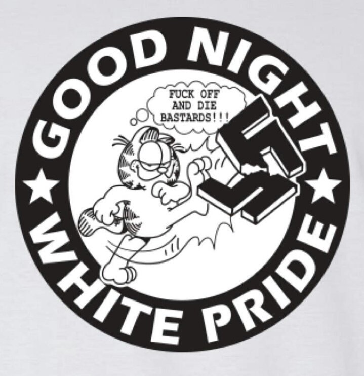 joonieper's tweet photo. what an odd shirt??? i don't understand why garfield of all people is kicking a swastika, but i'm here for it. we stan. #MYpresident #Garfield2020 #ByeTrumpy https://t.co/nuQiZ8zJIF