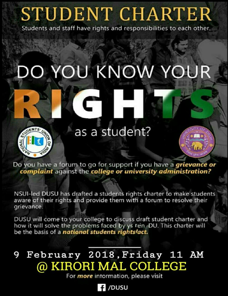 SurajSDubey_'s tweet photo. DO YOU KNOW YOUR RIGHTS❗
As a Student?
@nsui - DUSU Student Consultation!
#StudentCharter this time in Karorimal College, Delhi University.
Please Join:-
Date: 9th February 2018.
Time: 11 AM.
Venue: Karorimal College, North Campus, Delhi University, New Delhi. https://t.co/IfNVbYA3c8