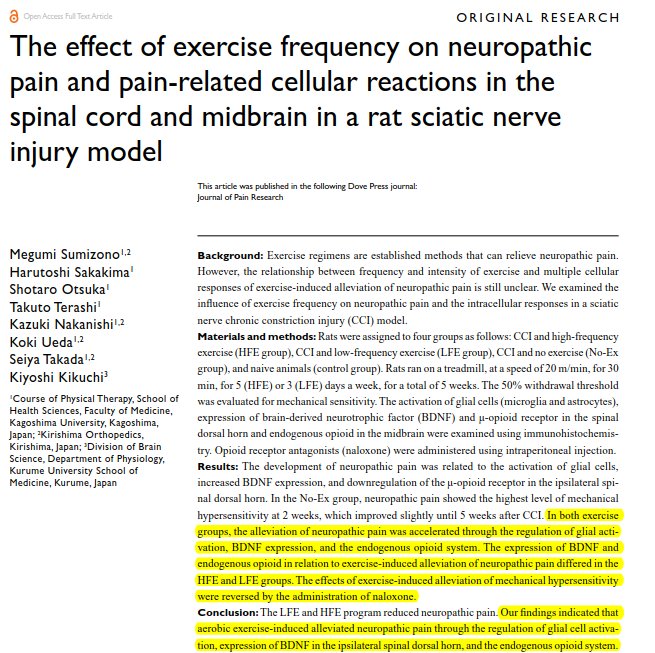 PhysioMeScience's tweet photo. The effect of exercise frequency on neuropathic pain and  pain-related cellular reactions in the spinal cord and midbrain in a rat  sciatic nerve injury model

https://t.co/N9zPjSThPM https://t.co/iF1iVJP7lh