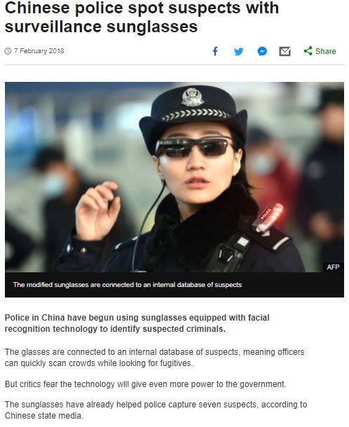 Mentimoen's tweet image. Ini benar2 melanggar hak privacy. Polisi China mulai menggunakan kacamata cerdas yg digunakan u/ melacak org2 yg dicurigai dan penjahat di keramaian.

Dia lihat ke kita, langsung tahu kita siapa! Aduh.. ngeri banget dah kek film scifi, rada orwellian.. 😲😲😲