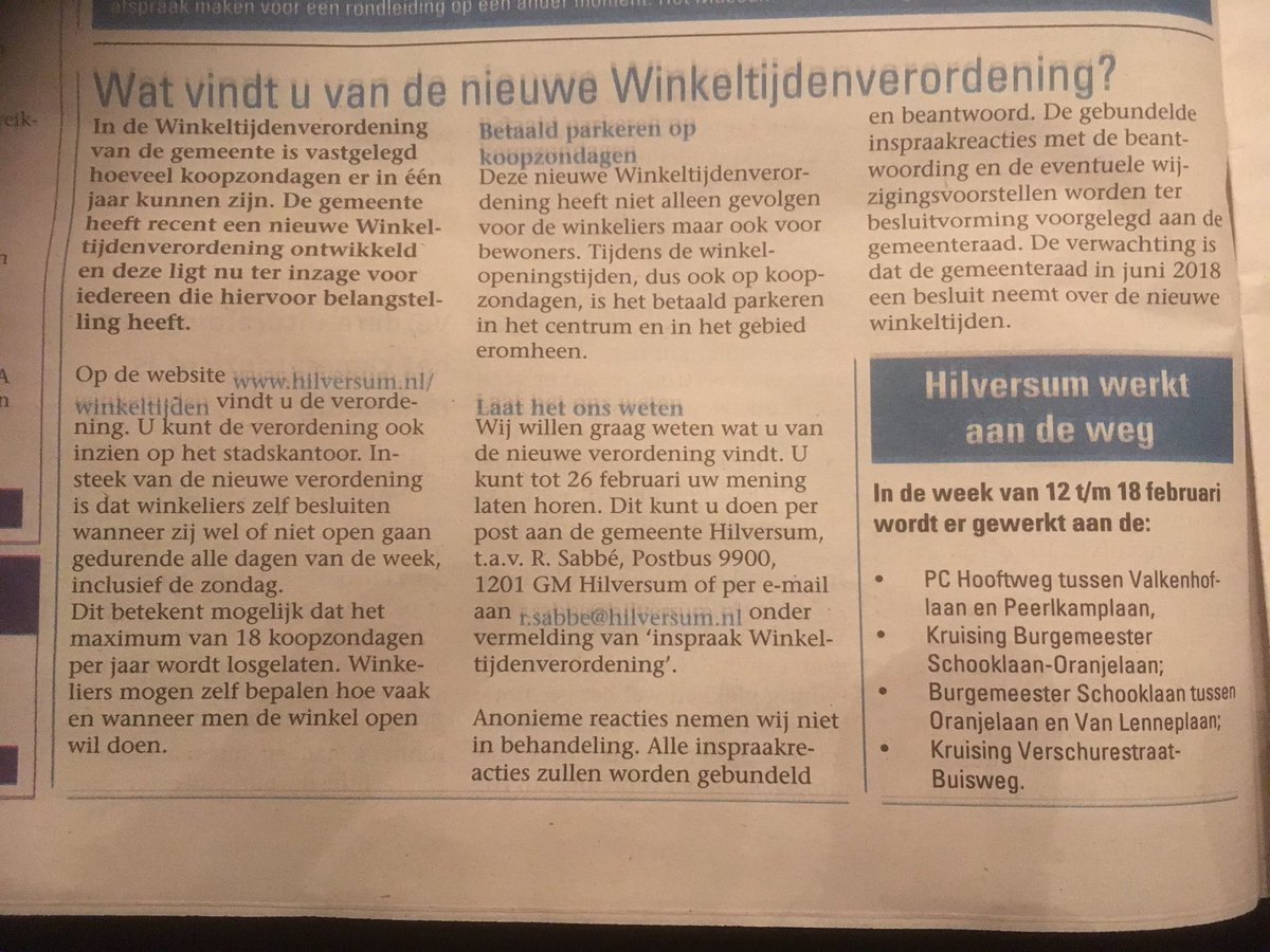#Hilversum se inwoners, Wat vindt u van de nieuwe Winkeltijdenverordening? Tot 26 febr a.s kunt u reageren, lees erover: