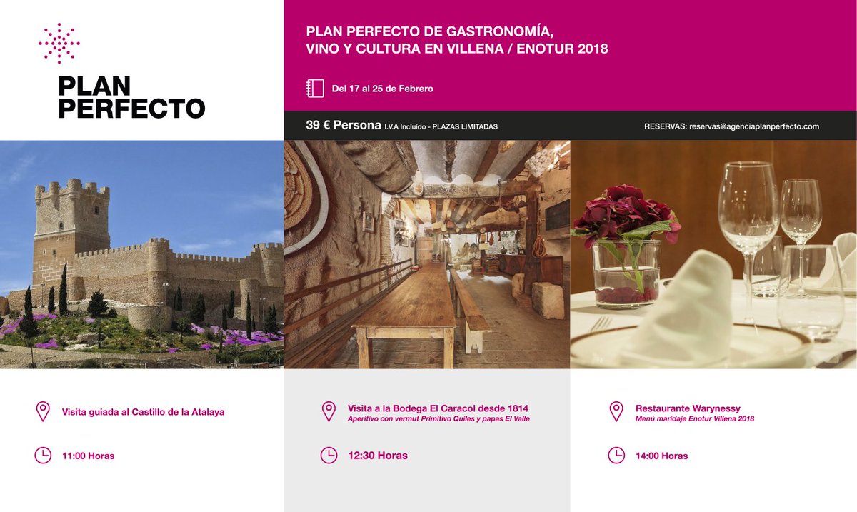 🚘 Disfruta de un plan perfecto de gastronomía, vino y cultura en #Villena
📌 11:00 Visita al Castillo de la Atalaya
📌 12:30 Visita Bodega El Caracol 1814
📌 14:00 Menú con maridaje de vinos en Restaurante Warynessy
☎️ reservas@agenciaplanperfecto.com 
agenciaplanperfecto.com/proyectos/plan…