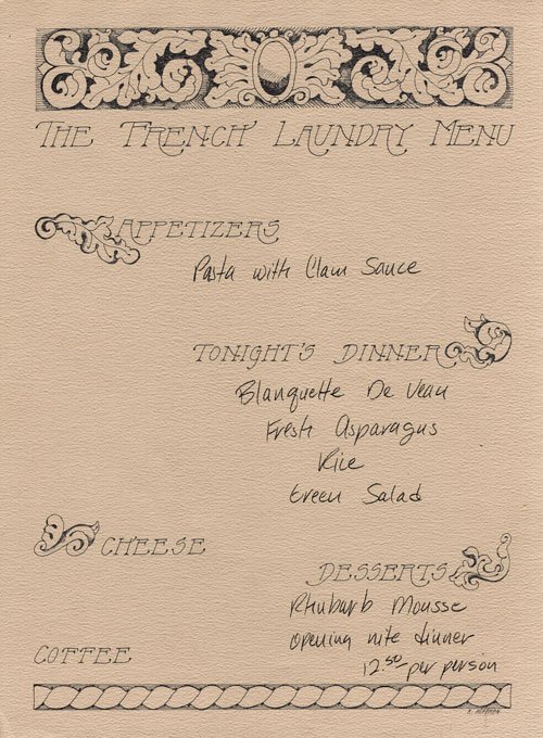 6CAKitchens's tweet photo. The first menu at The French Laundry illustrated by Sally's daughter Kathy Hoffman. https://t.co/Wmzd2jEQaB https://t.co/ULziDzjkg3