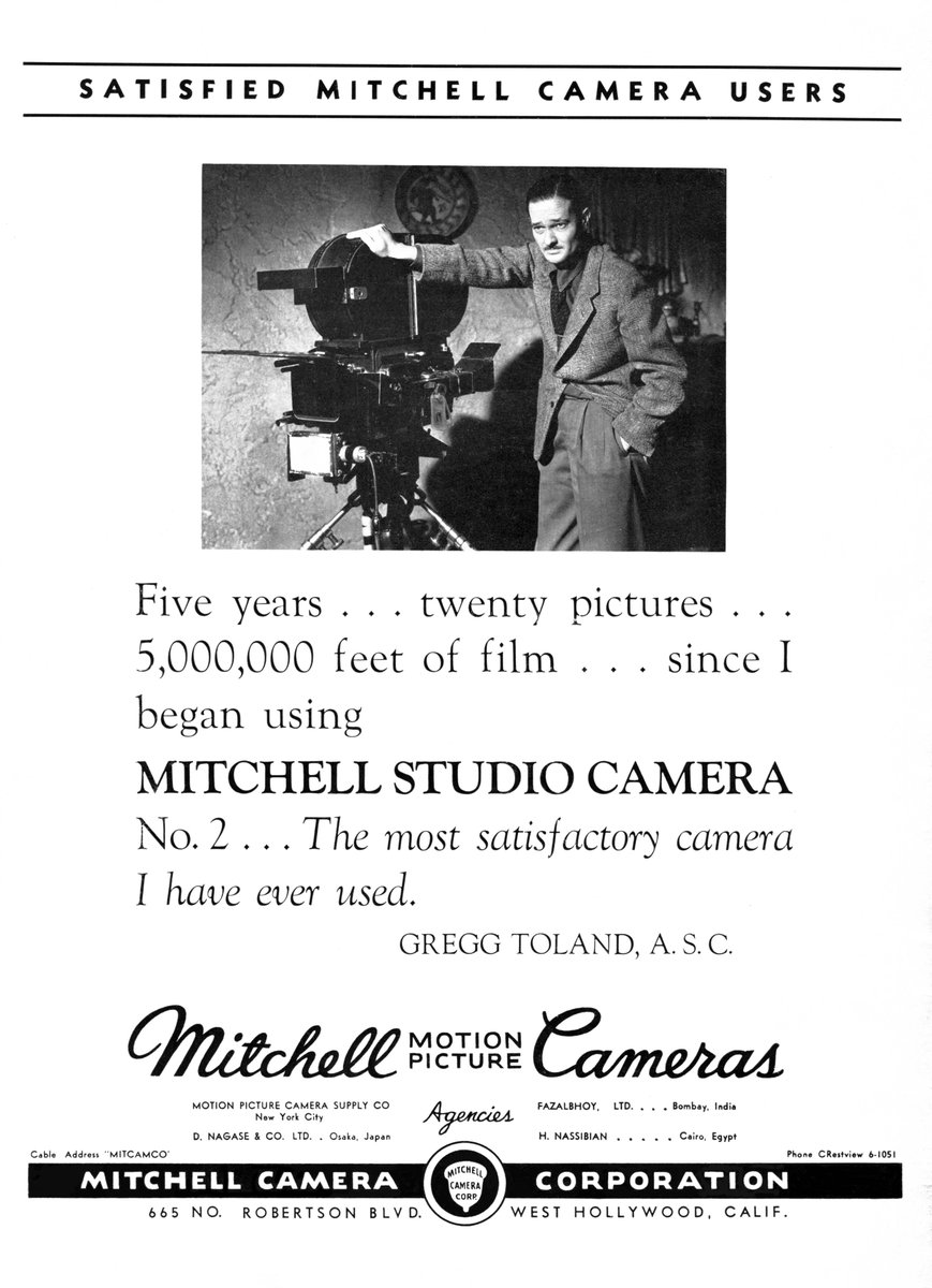 AmericanCine's tweet photo. The ASC Open House is this Saturday, Feb 10. Be among the first to ree the restored Mitchell BNC used by Gregg Toland, ASC (seen together in this ad from 1941): https://t.co/zii8hE1RGi #ASCClubhouse #TolandASC #RetroTech https://t.co/HLczY33ZFj