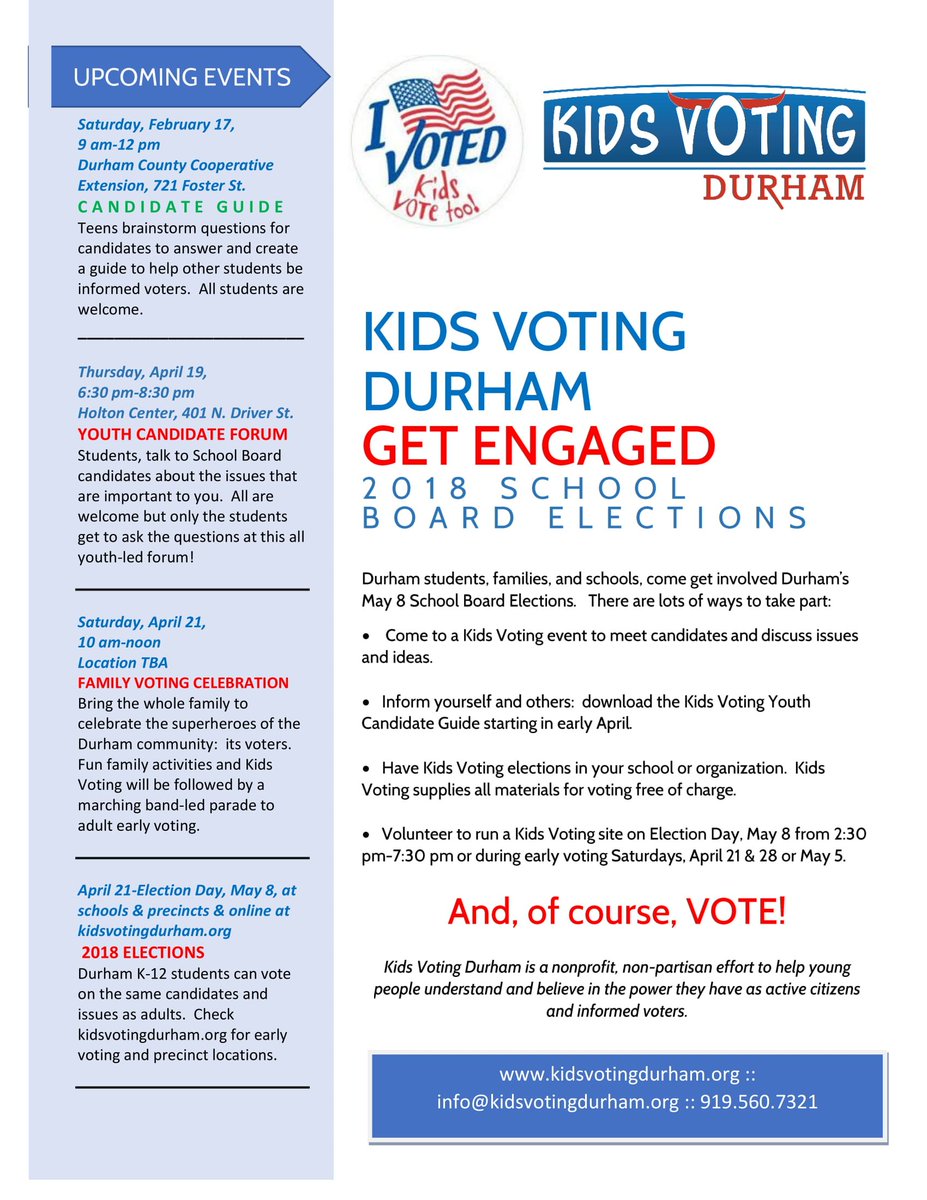#Durham students come join us for the #KidsVoting Youth Candidate Guide session next Saturday, 9/17 and other Durham #SchoolBoard #election events! bit.ly/2C73sjm