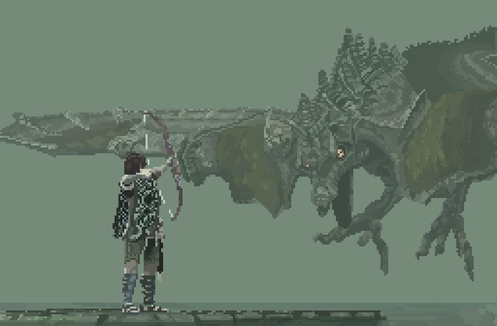 Shadow of the colossus pixel art with gridlines by