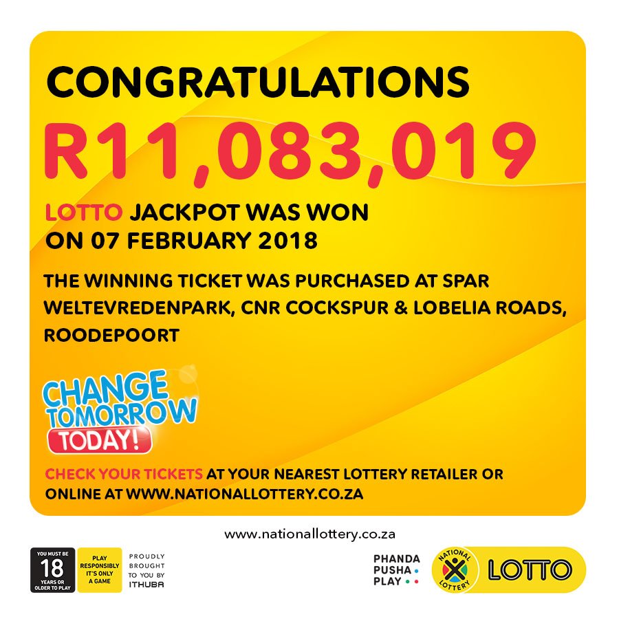 sa_lottery26's tweet photo. Congratulations Roodepoort!
You have a new #LOTTO jackpot winner of R11,083,019 from the 07/02/18 draw! #ManualSelection ticket wager amount was R70! https://t.co/bGbKudwoAi