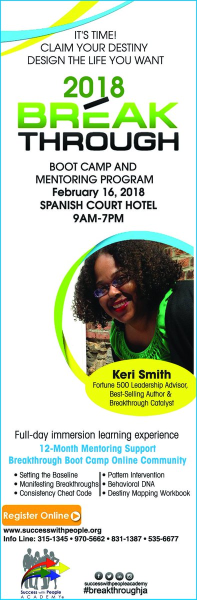 TrevorESSmith's tweet photo. Step up your game: 2018 Breakthrough Boot Camp And Mentoring Program with Breakthrough Catalyst and Fortune 500 Leadership Advisor @kerissmithJA
https://t.co/GjqZZ4hFlY … … …#leadership #breakthroughJA #BehavioralDNA #success Feb 16 Kingston Jamaica PLUS 12 Months Mentoring https://t.co/MB7g9ZnCbw