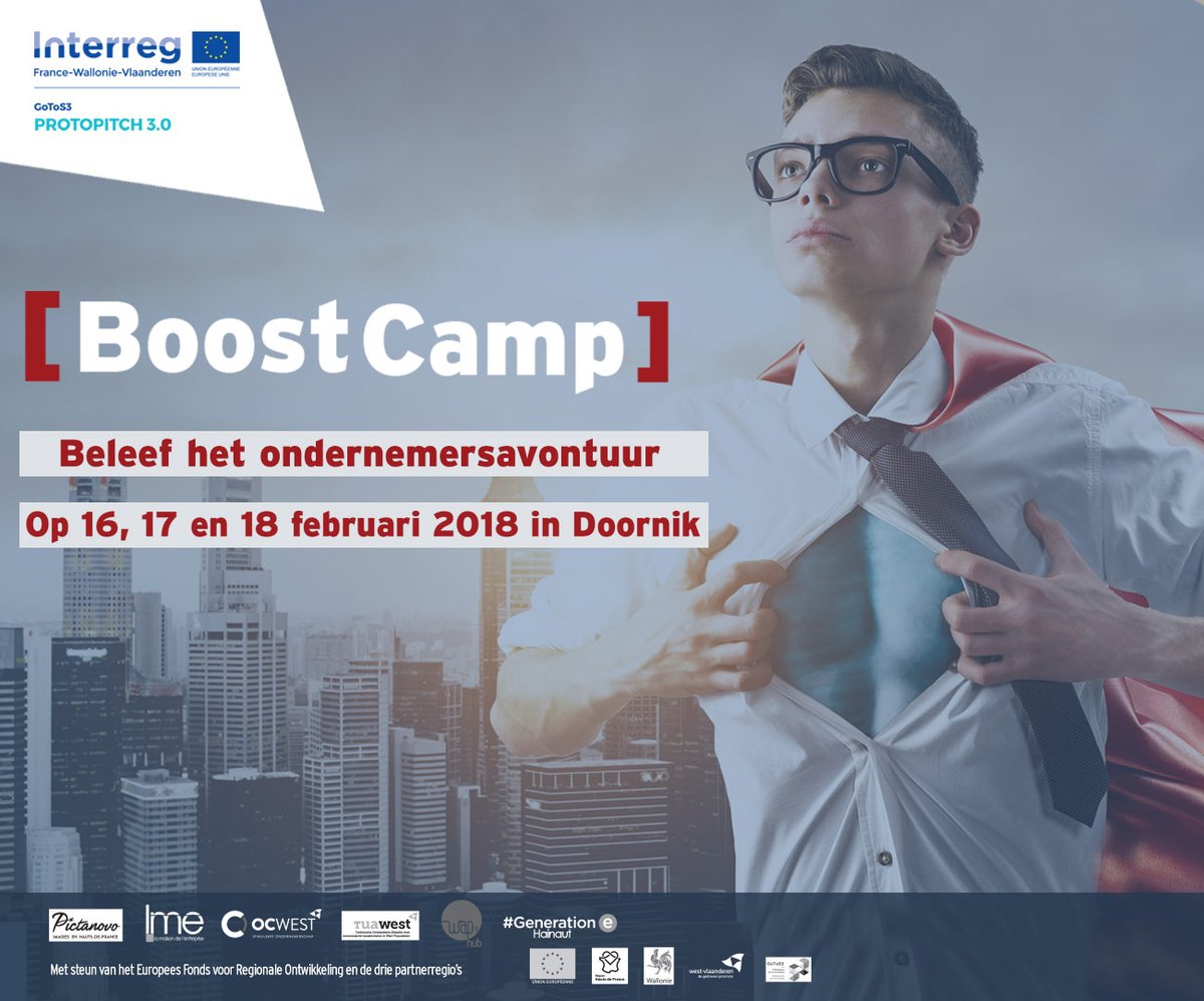 interreg_gotoS3's tweet photo. Nog enkele dagen om in te schrijven voor "BoostCamp" by @Protopitch ! Doe mee en beleef het ondernemersavontuur op 16, 17 en 18 februari in Doornik in een creatieve en gemoedelijke sfeer ! --> https://t.co/AzPwtUpqG7 #Interreg #gotos3 https://t.co/b5FZXwhVpB