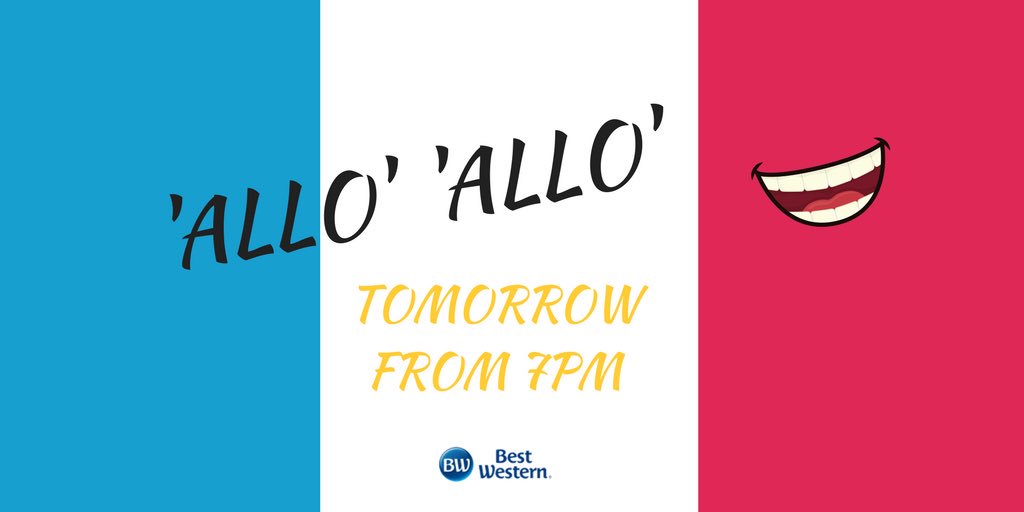 Tomorrow 9th February . Join us for the event of the year.
Enjoy a 3 course dinner 🍽🍽and the best #Comedy 😂😂 #AlloAllo Not to be missed!!