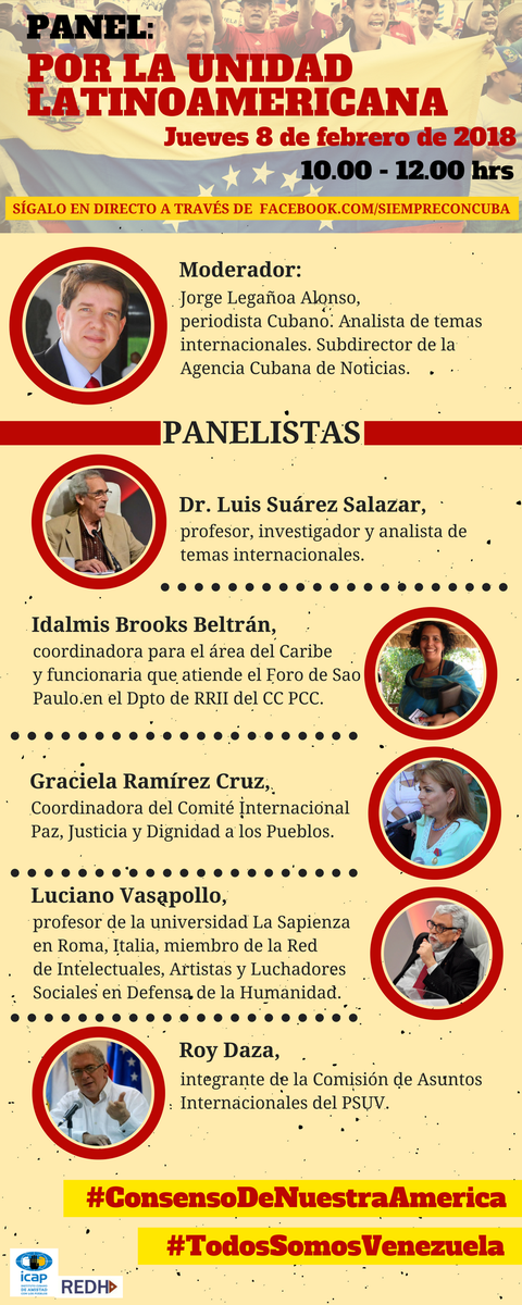 #8Feb Panel por la #UnidadLatinoamericana <a href="/siempreconcuba/">Siempre con Cuba</a> <a href="/leysirubio/">Leysi Rubio</a> <a href="/PensarAmericas/">Pensando Américas</a> @Guajiritasoy @chamberohoy <a href="/HeidyVilluendas/">Heidy Villuendas</a> <a href="/ZailinGaulhiac/">Zailin Gaulhiac</a> <a href="/YairaJR/">Yaira Jiménez Roig</a> <a href="/reynier2011/">Reynier del Calvo</a>